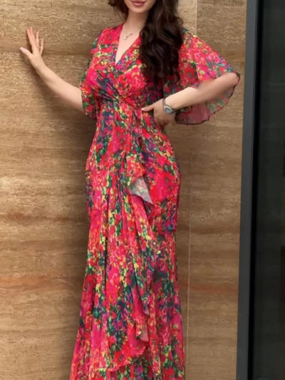 Retro V-neck trumpet sleeve printed dress Claxoria