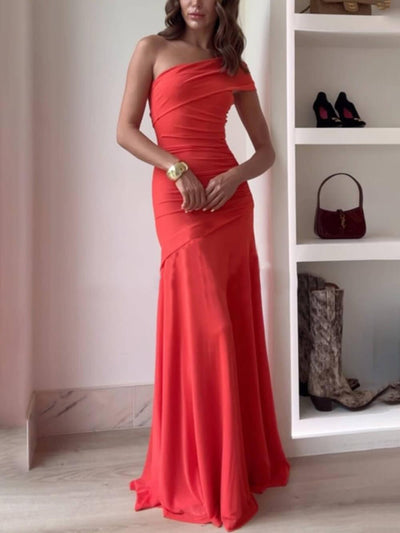 Ember Luxe One-Shoulder Ruched Maxi Dress Claxoria