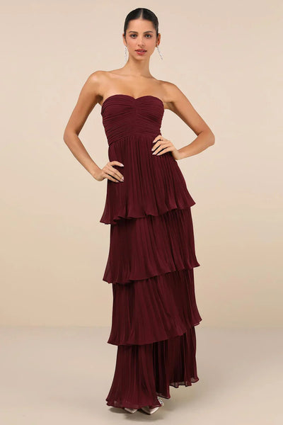 Maristela Strapless Pleated Tiered Maxi Dress Claxoria