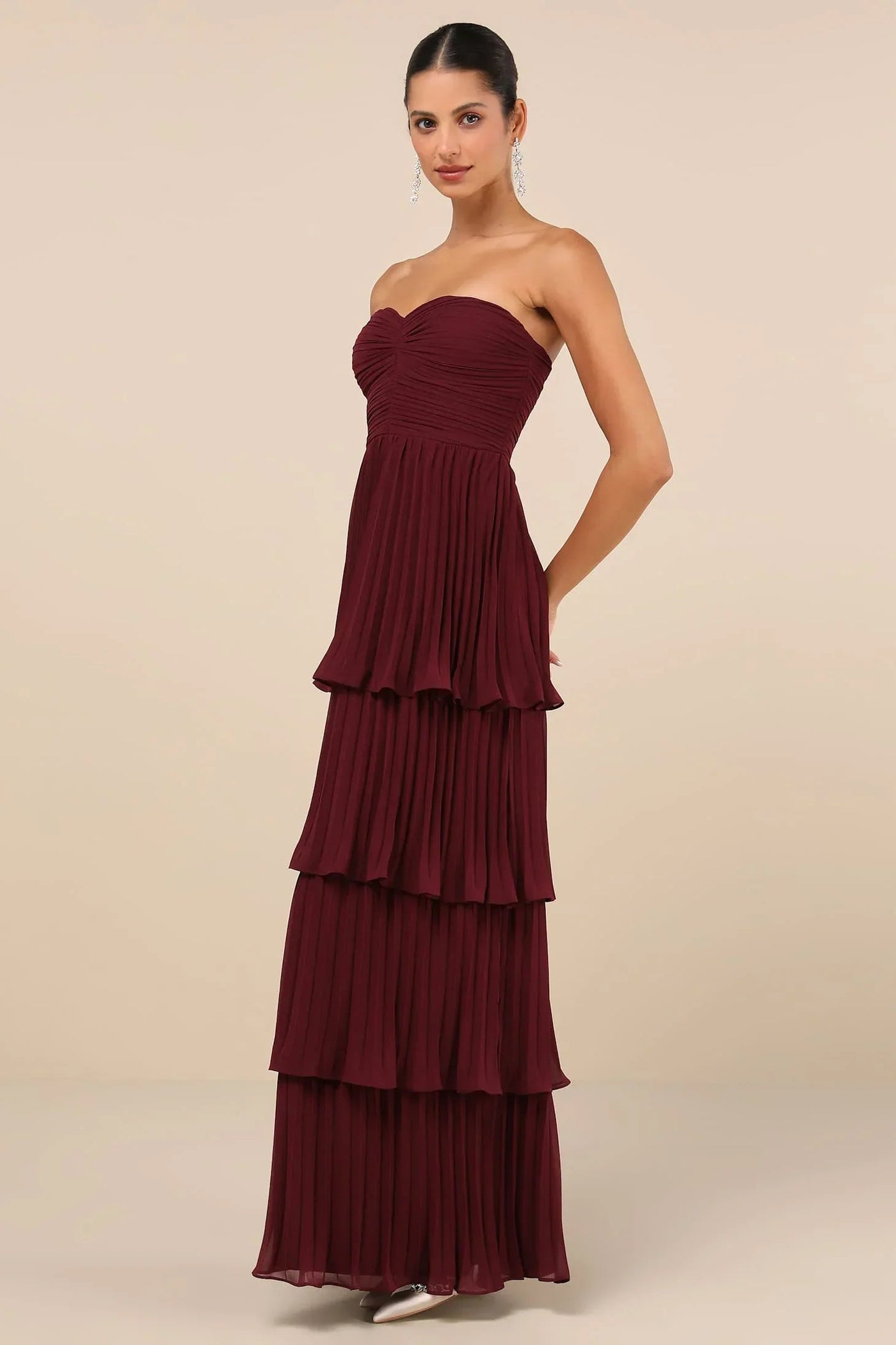 Maristela Strapless Pleated Tiered Maxi Dress Claxoria