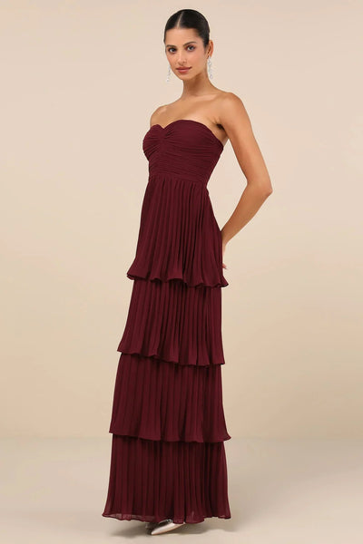 Maristela Strapless Pleated Tiered Maxi Dress Claxoria