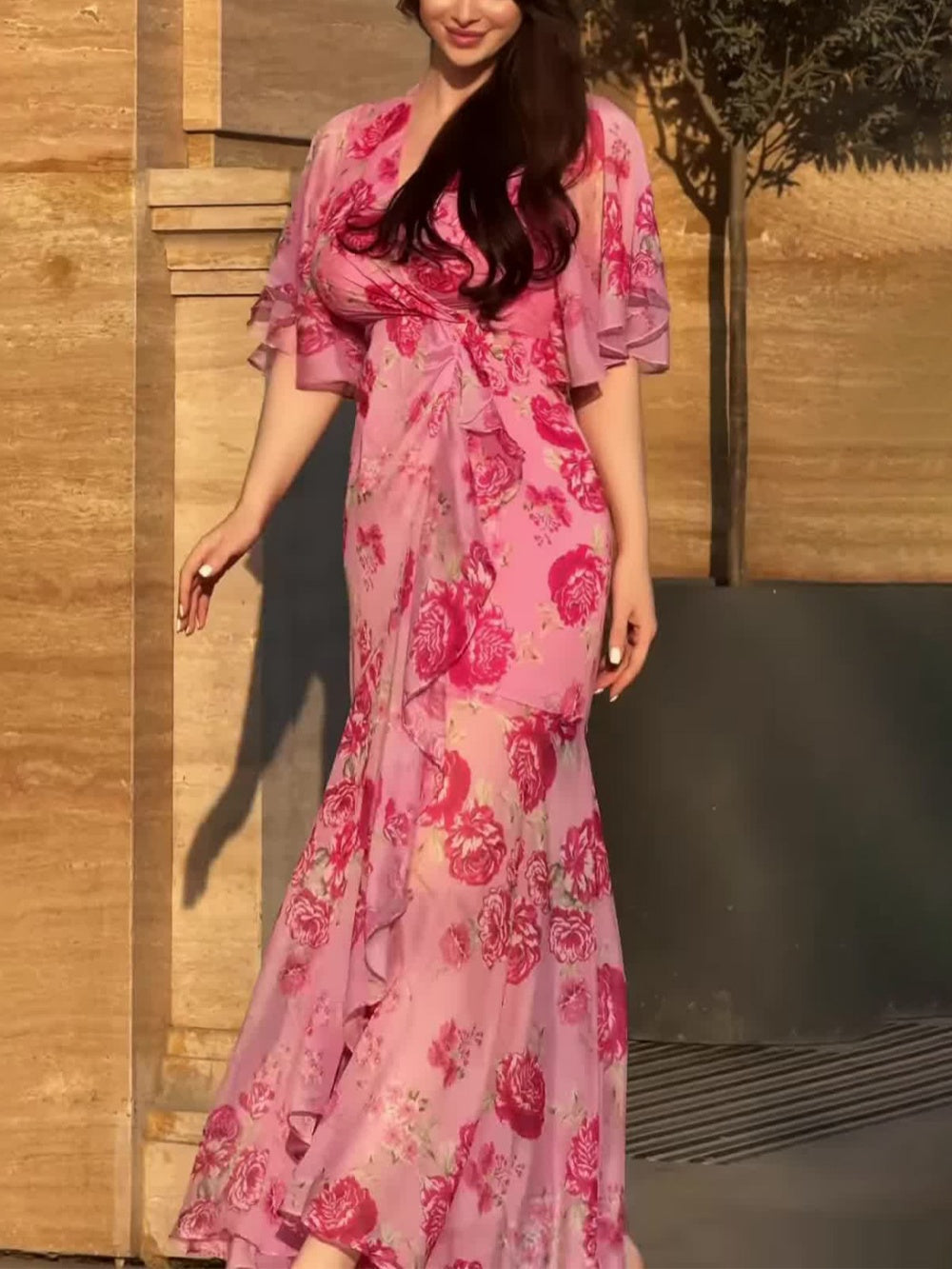 Retro V-neck trumpet sleeve printed dress Claxoria