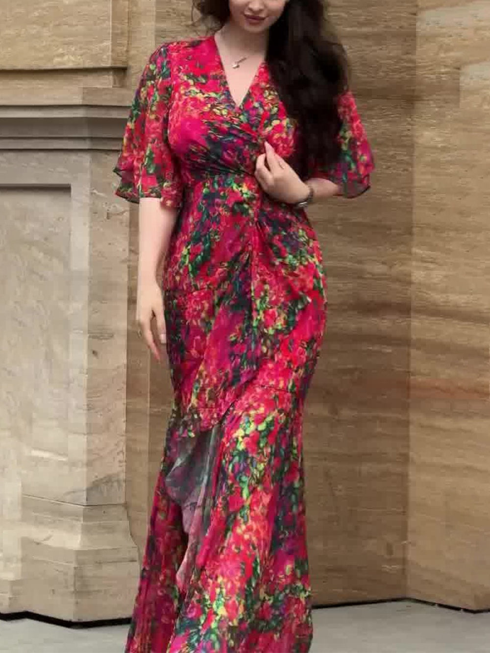 Retro V-neck trumpet sleeve printed dress Claxoria