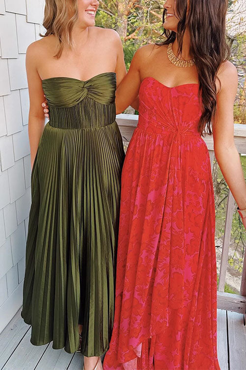 Pleated Strapless Maxi Dress Claxoria
