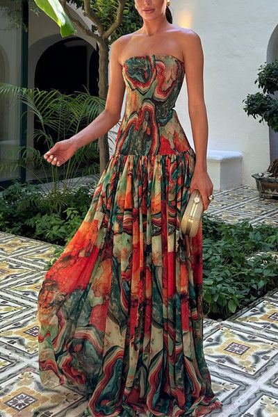 Strapless Smocked Ombre Print Swing Maxi Dress miaforde.co