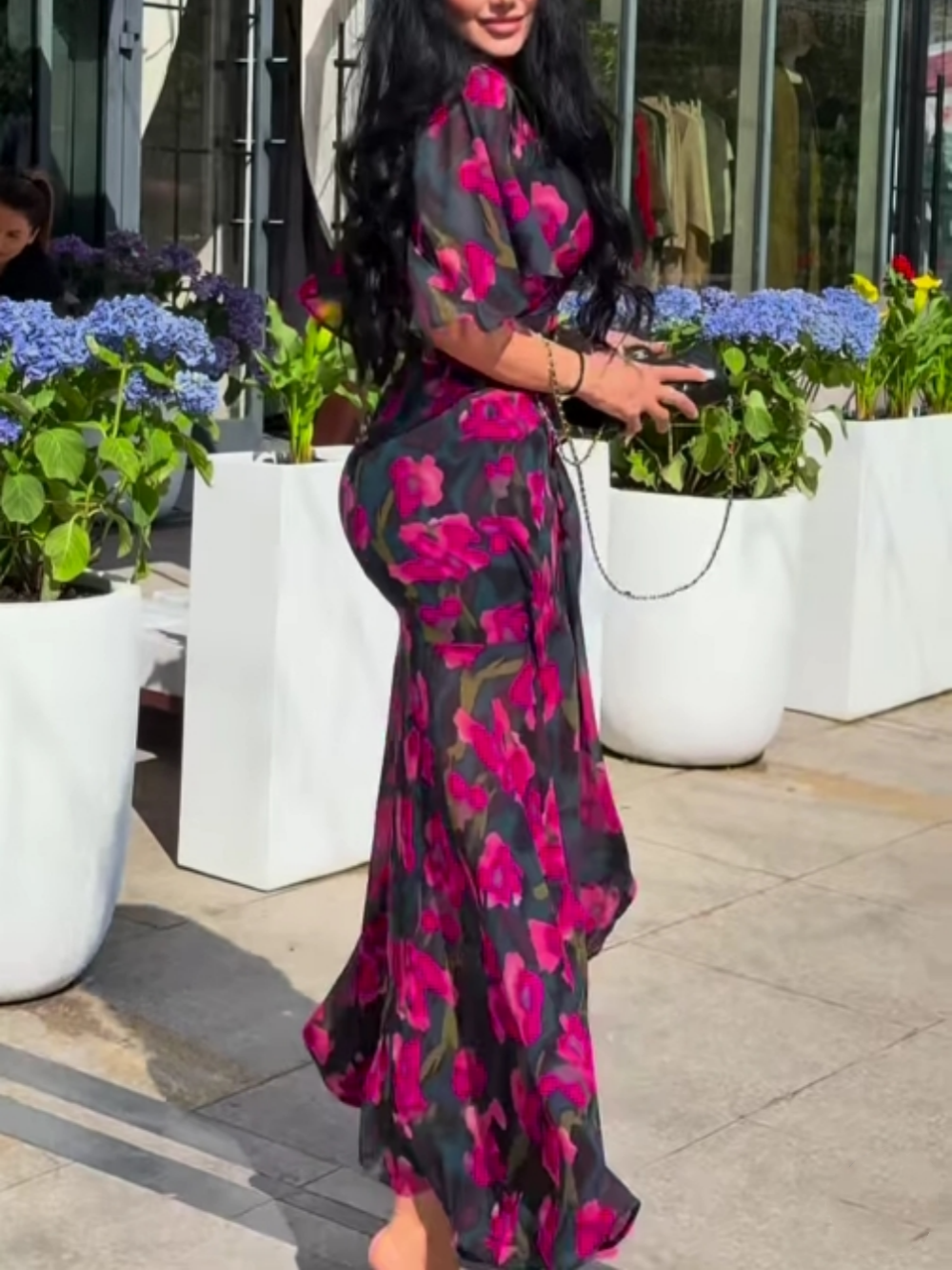Retro V-neck trumpet sleeve printed dress Claxoria