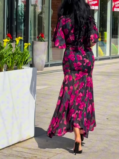 Retro V-neck trumpet sleeve printed dress Claxoria