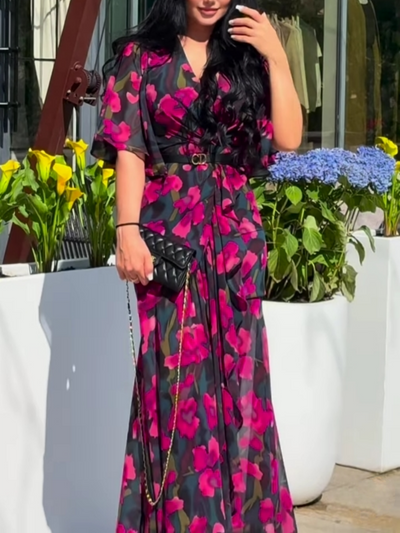 Retro V-neck trumpet sleeve printed dress Claxoria