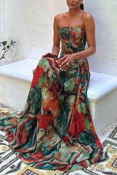 Strapless Smocked Ombre Print Swing Maxi Dress miaforde.co