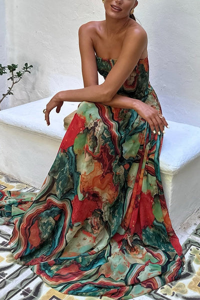 Strapless Smocked Ombre Print Swing Maxi Dress miaforde.co