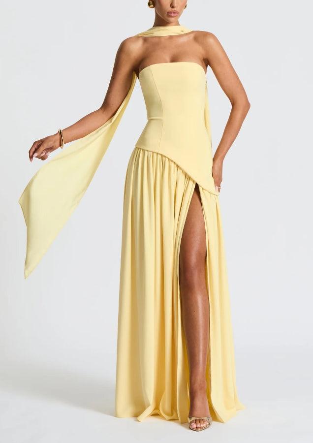 Strapless Slit Ribbon Maxi Dress Claxoria