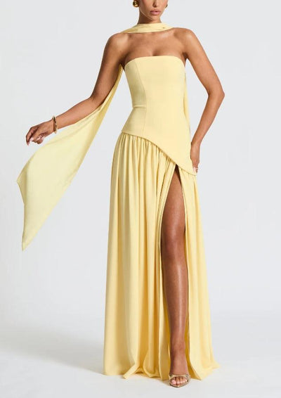 Strapless Slit Ribbon Maxi Dress Claxoria