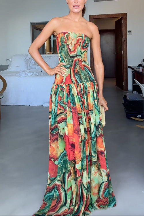 Strapless Smocked Ombre Print Swing Maxi Dress miaforde.co