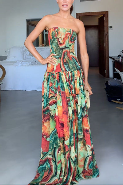 Strapless Smocked Ombre Print Swing Maxi Dress miaforde.co