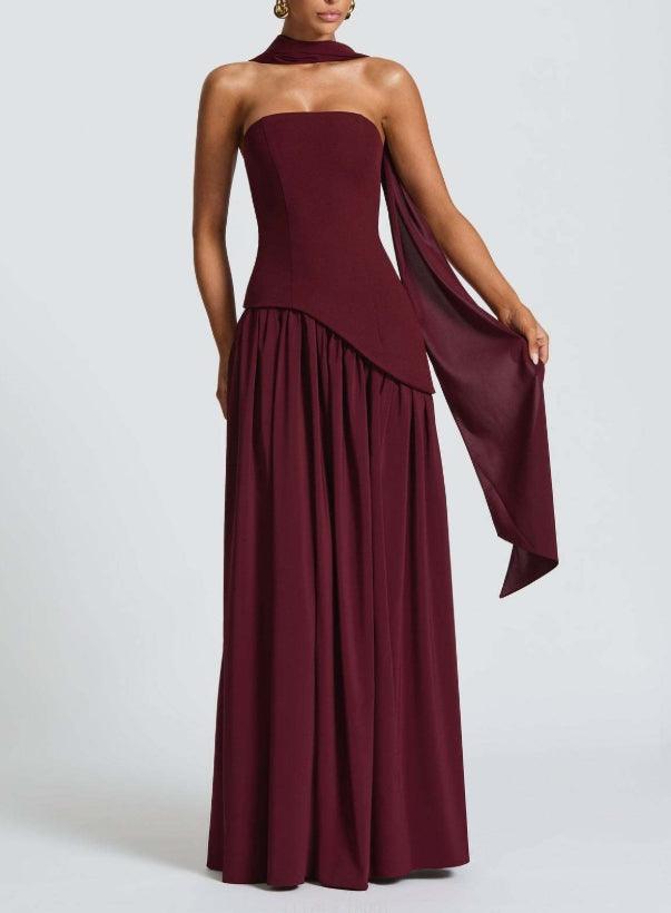 Strapless Slit Ribbon Maxi Dress Claxoria