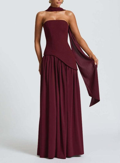 Strapless Slit Ribbon Maxi Dress Claxoria
