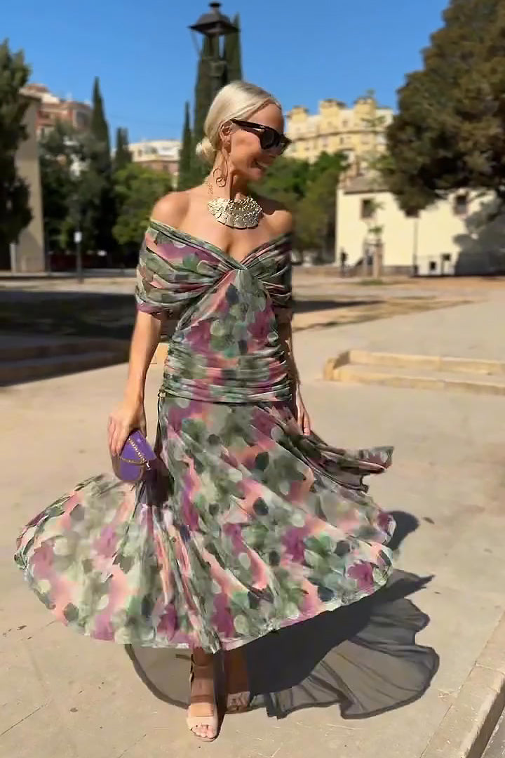 Elysia - Watercolor Off-Shoulder Midi Dress miaforde.co
