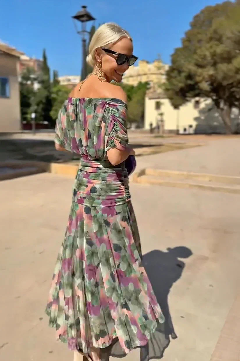 Elysia - Watercolor Off-Shoulder Midi Dress miaforde.co