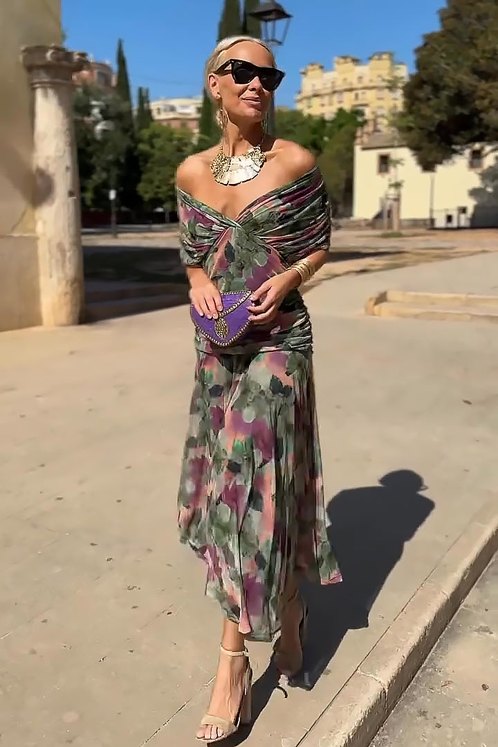 Elysia - Watercolor Off-Shoulder Midi Dress miaforde.co