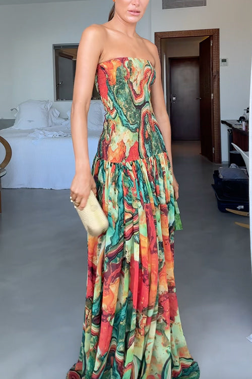 Strapless Smocked Ombre Print Swing Maxi Dress miaforde.co