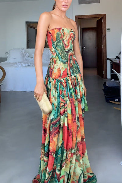 Strapless Smocked Ombre Print Swing Maxi Dress miaforde.co