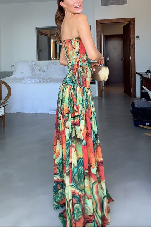 Strapless Smocked Ombre Print Swing Maxi Dress miaforde.co