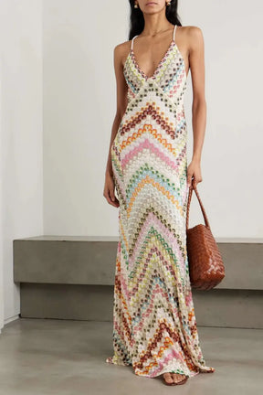 Aurora™ | Crochet-Inspired Chevron Maxi Dress Claxoria