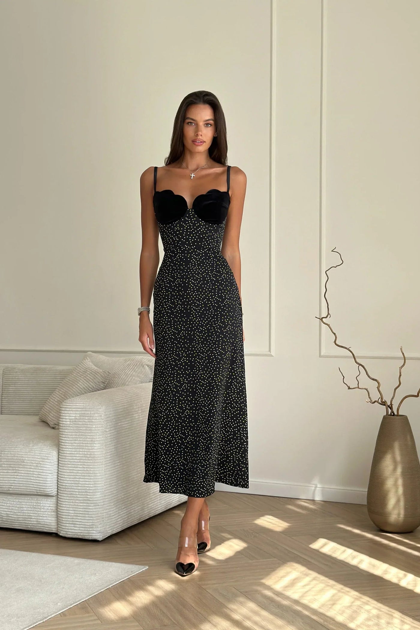 Celestine Velvet Polka Dot Maxi Dress Claxoria