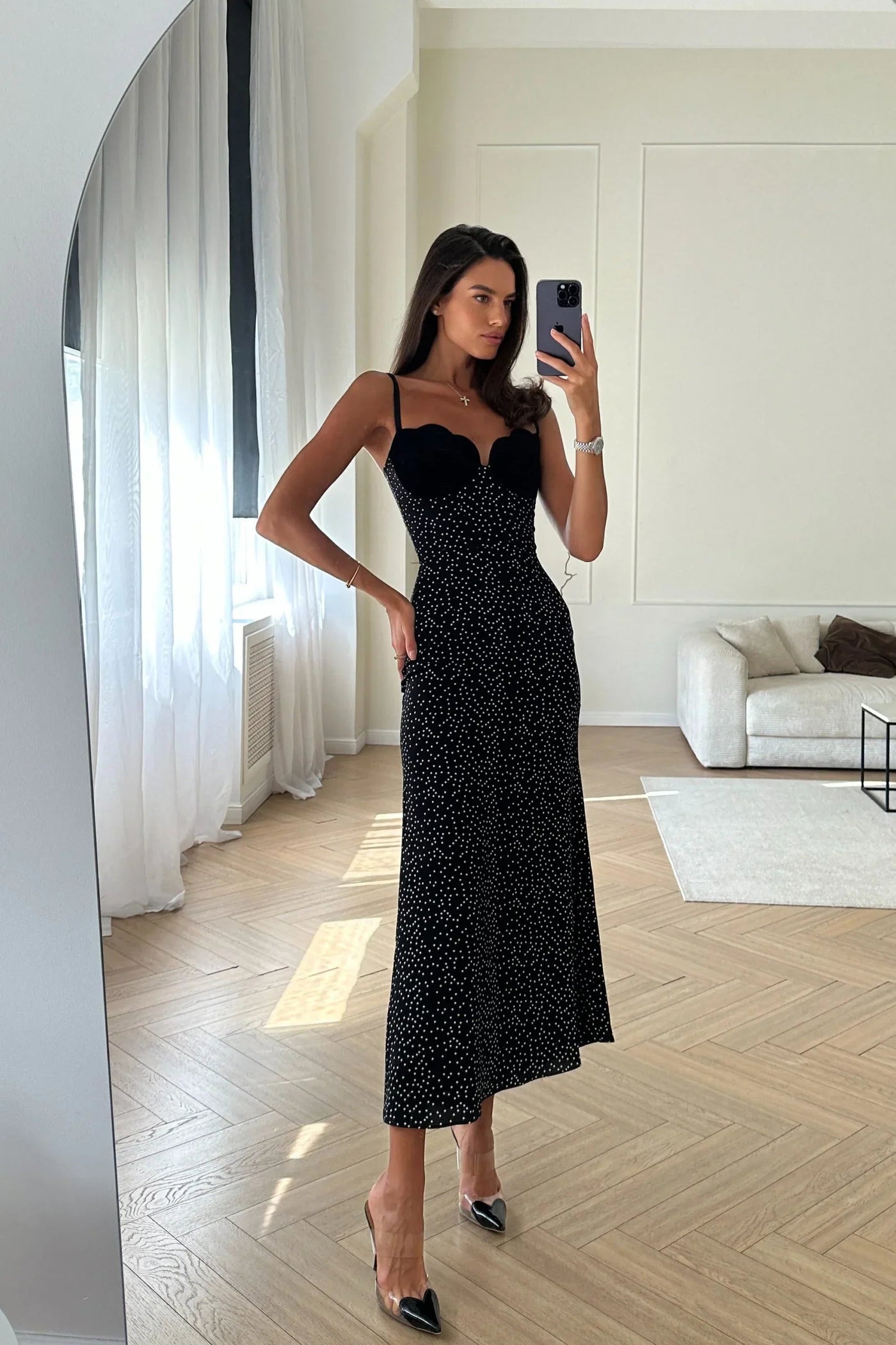 Celestine Velvet Polka Dot Maxi Dress Claxoria