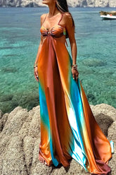 Isla™ | Neon Sunset Cutout Tie-Back Maxi Dress Claxoria
