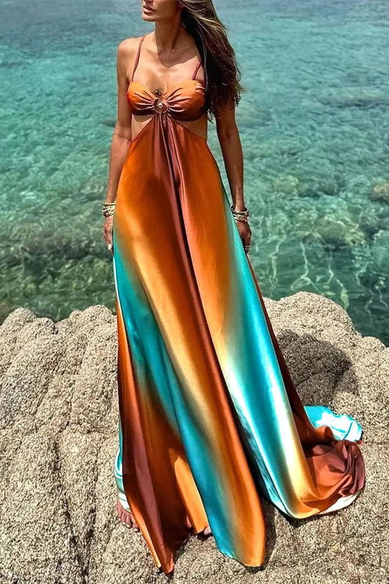 Isla™ | Neon Sunset Cutout Tie-Back Maxi Dress Claxoria