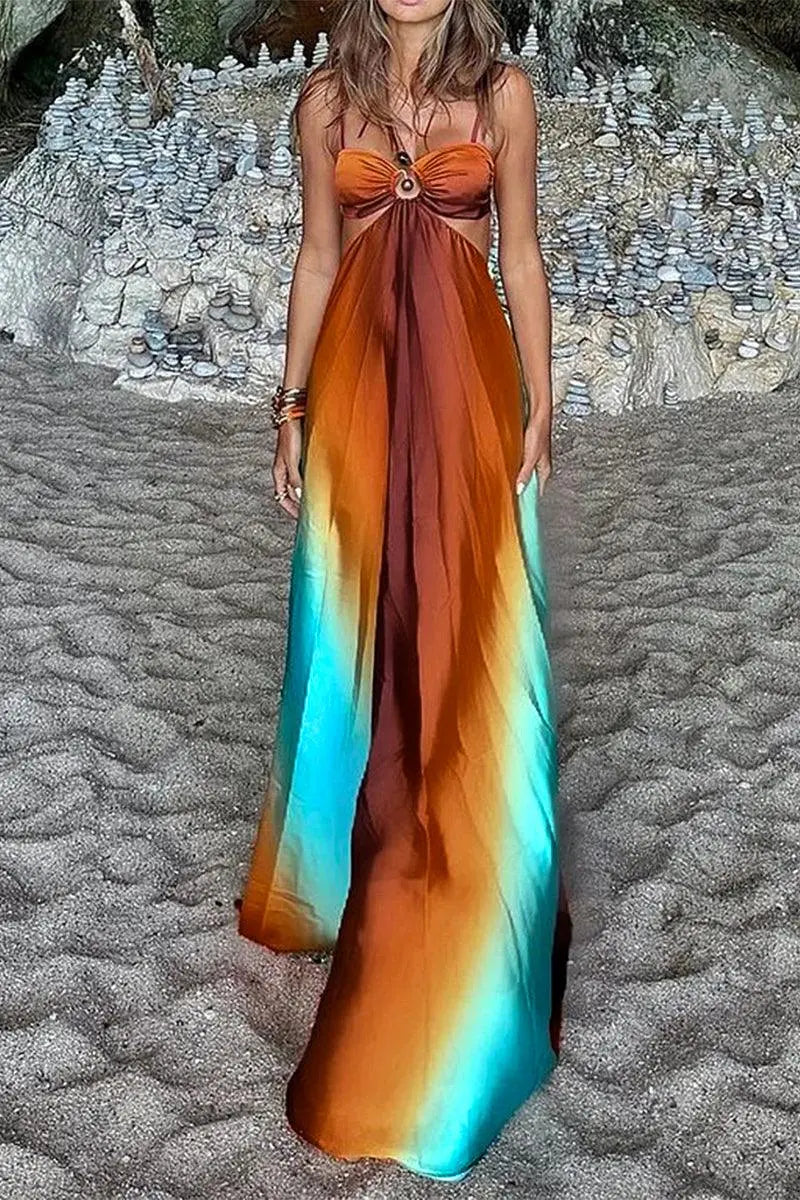 Isla™ | Neon Sunset Cutout Tie-Back Maxi Dress Claxoria