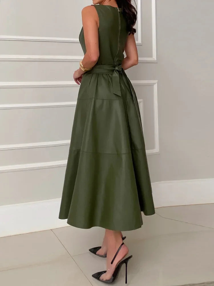 Effen patchwork lederen eenvoudige feestjurk, dames lente zomer maxi-jurk met veters, O-hals, 2025, mouwloze elegante damesjurk Claxoria