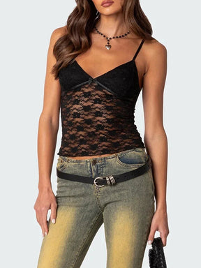 Sexy Women Sheer Mesh Lace Camisole Summer Spaghetti Strap Backless Tank Tops V Neck Sleeveless Vest for Party Clubwear Claxoria