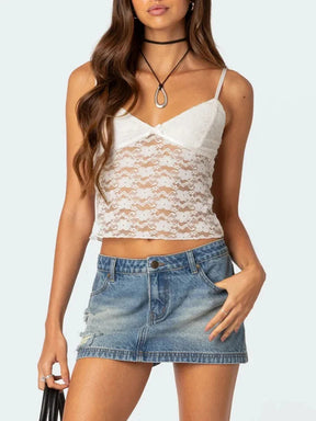 Sexy Women Sheer Mesh Lace Camisole Summer Spaghetti Strap Backless Tank Tops V Neck Sleeveless Vest for Party Clubwear Claxoria