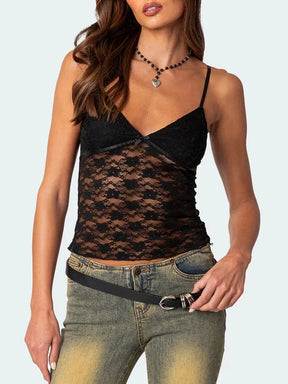 Sexy Women Sheer Mesh Lace Camisole Summer Spaghetti Strap Backless Tank Tops V Neck Sleeveless Vest for Party Clubwear Claxoria
