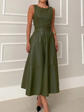 Effen patchwork lederen eenvoudige feestjurk, dames lente zomer maxi-jurk met veters, O-hals, 2025, mouwloze elegante damesjurk Claxoria