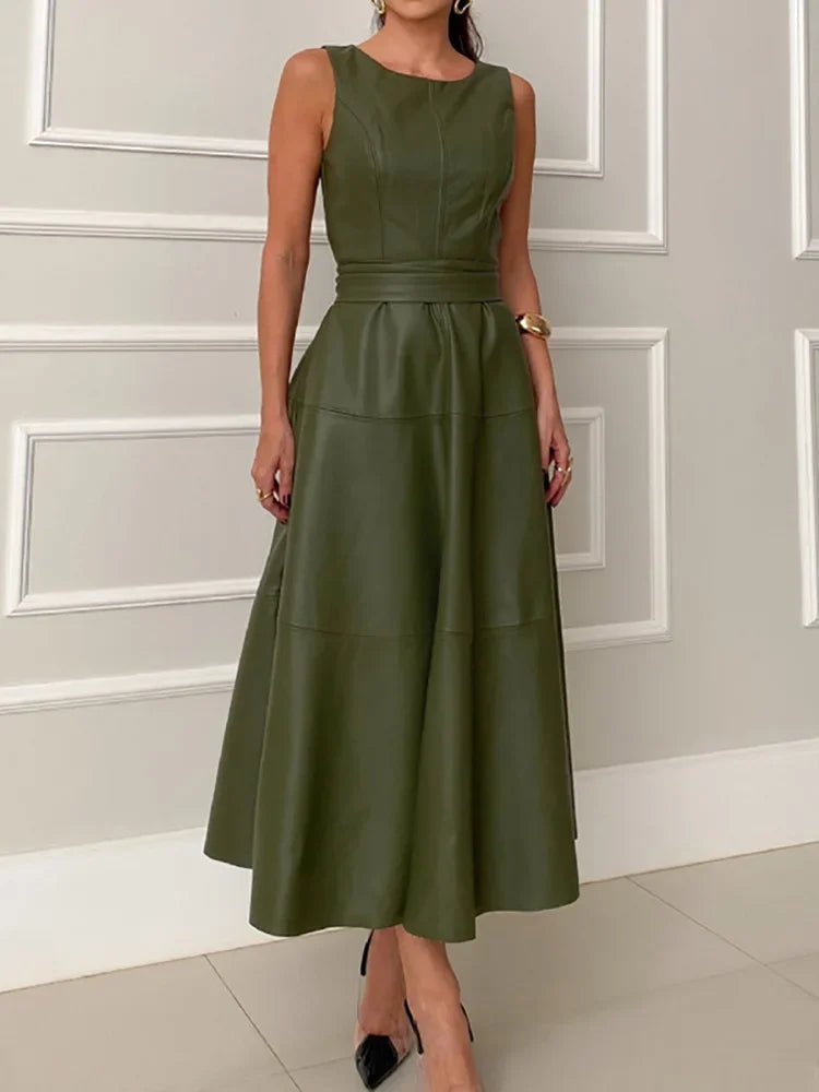 Effen patchwork lederen eenvoudige feestjurk, dames lente zomer maxi-jurk met veters, O-hals, 2025, mouwloze elegante damesjurk Claxoria