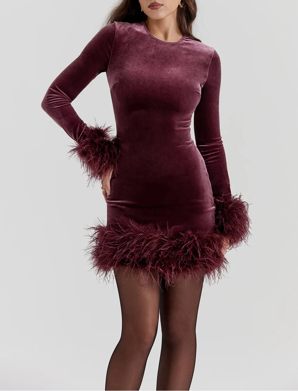 VANOVICH Knitted Dress Autumn and Winter Long-sleeved Fluffy Cuffs Hem Dress for Women Claxoria