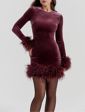 VANOVICH Knitted Dress Autumn and Winter Long-sleeved Fluffy Cuffs Hem Dress for Women Claxoria