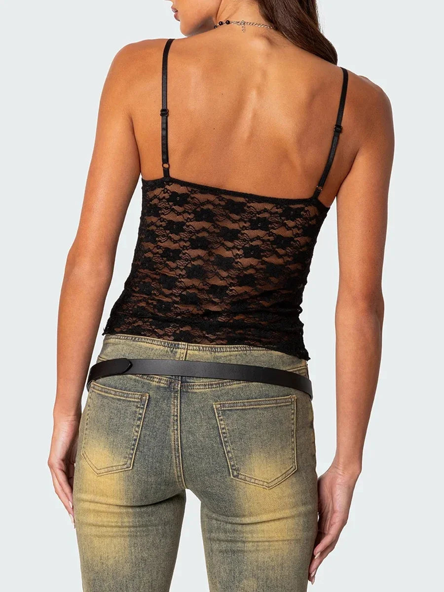 Sexy Women Sheer Mesh Lace Camisole Summer Spaghetti Strap Backless Tank Tops V Neck Sleeveless Vest for Party Clubwear Claxoria