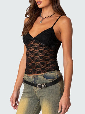 Sexy Women Sheer Mesh Lace Camisole Summer Spaghetti Strap Backless Tank Tops V Neck Sleeveless Vest for Party Clubwear Claxoria