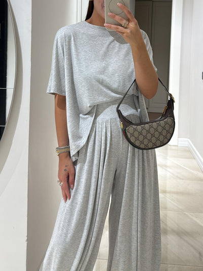 Light Grey Casual Top and Wide-leg Pants Set miaforde.co