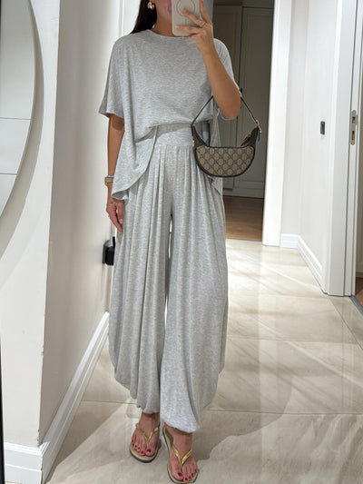 Light Grey Casual Top and Wide-leg Pants Set miaforde.co