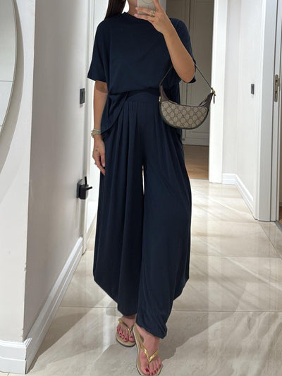 Light Grey Casual Top and Wide-leg Pants Set miaforde.co