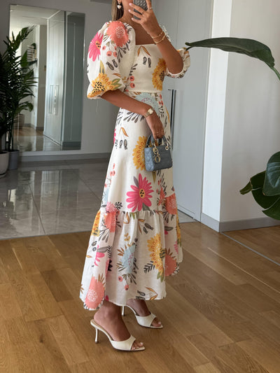 Square Neck Floral Print Puff Sleeve Midi Dress miaforde.co