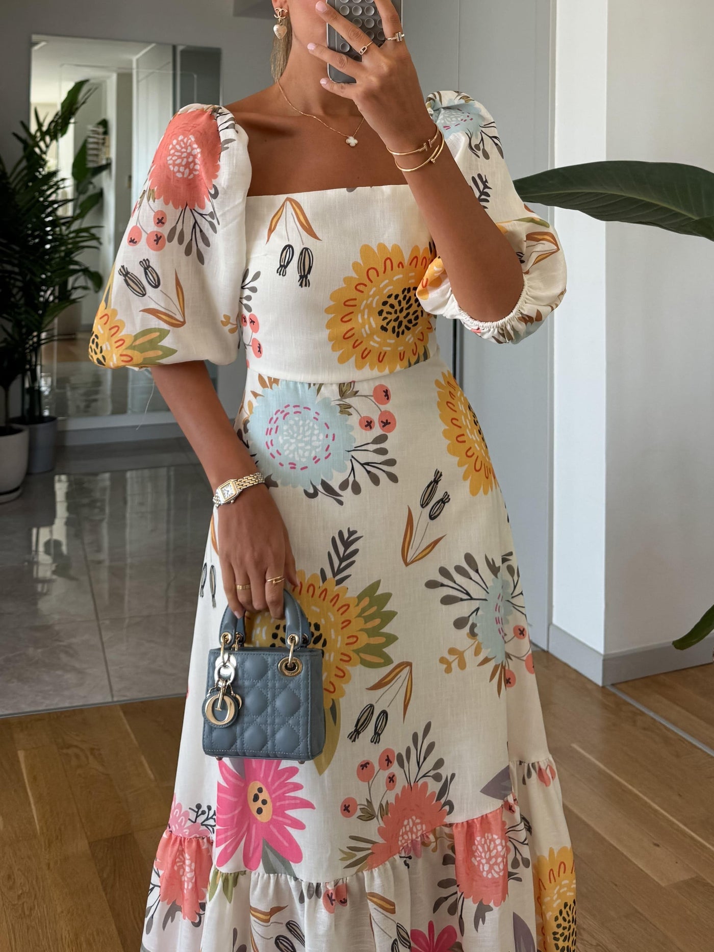 Square Neck Floral Print Puff Sleeve Midi Dress miaforde.co