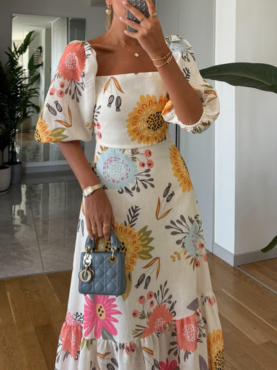 Square Neck Floral Print Puff Sleeve Midi Dress miaforde.co