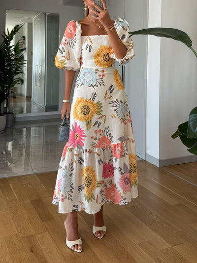 Square Neck Floral Print Puff Sleeve Midi Dress miaforde.co