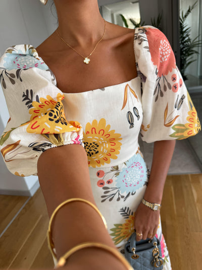Square Neck Floral Print Puff Sleeve Midi Dress miaforde.co